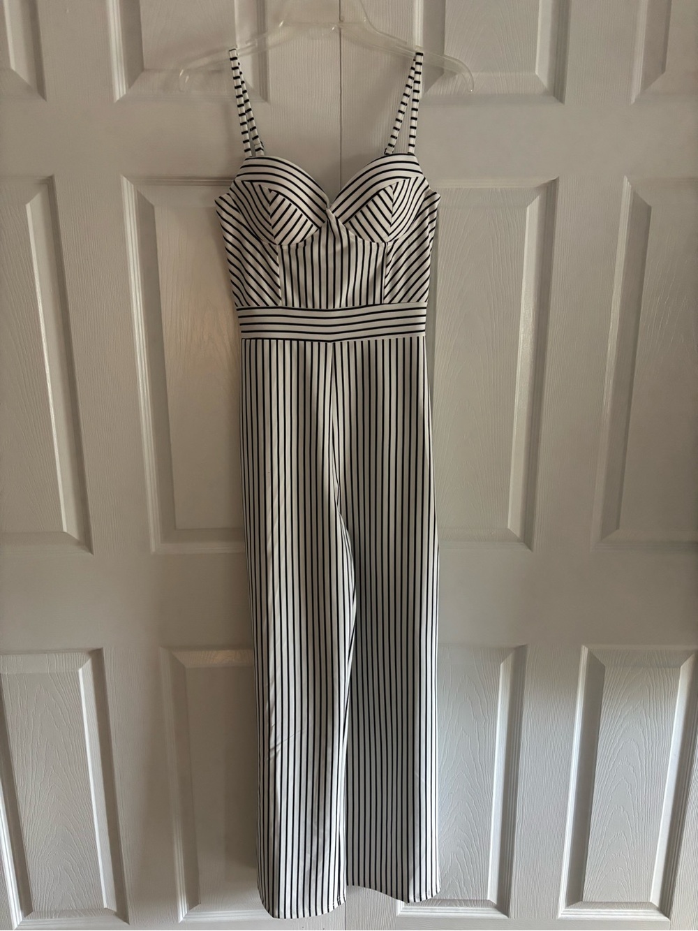 Fashion Nova White & Black Striped Bustier Wide-Leg Jumpsuit